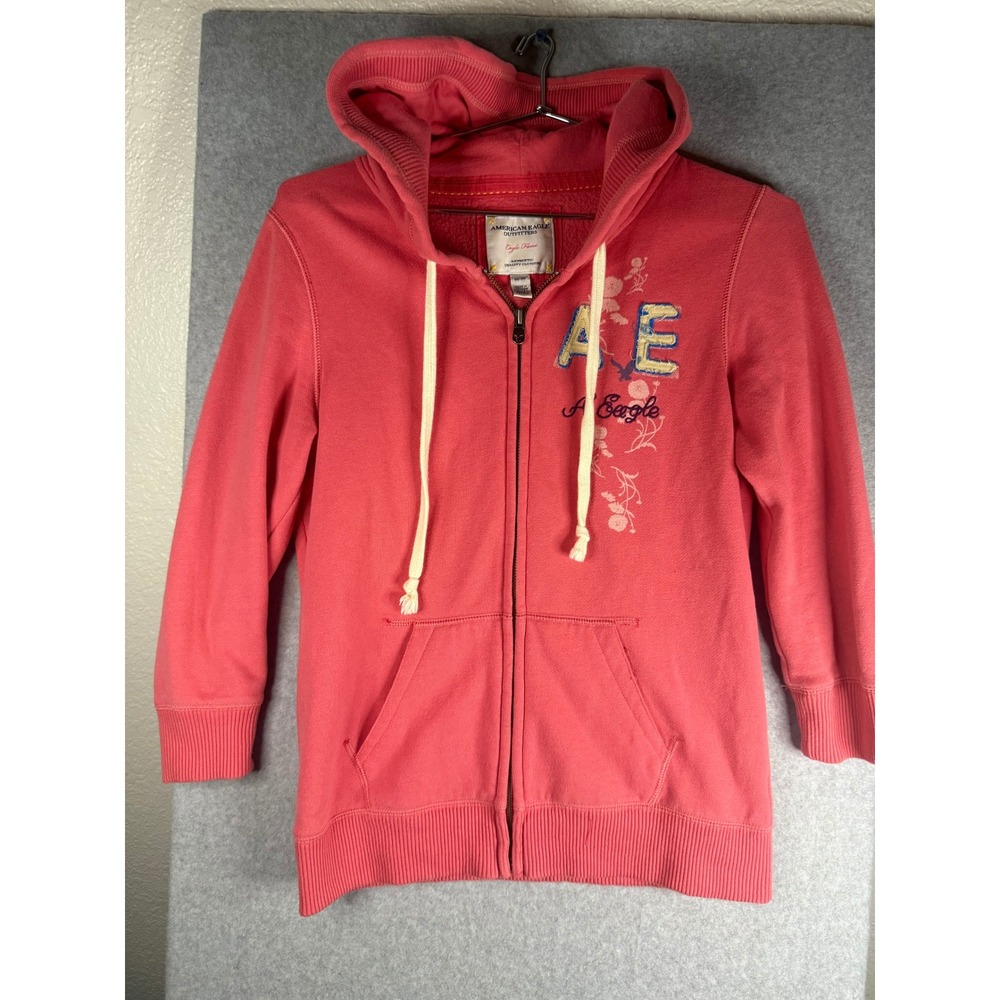 American Eagle Outfitters Eagle Fleece Zip Up Hoodie Coral Pink Floral Logo M